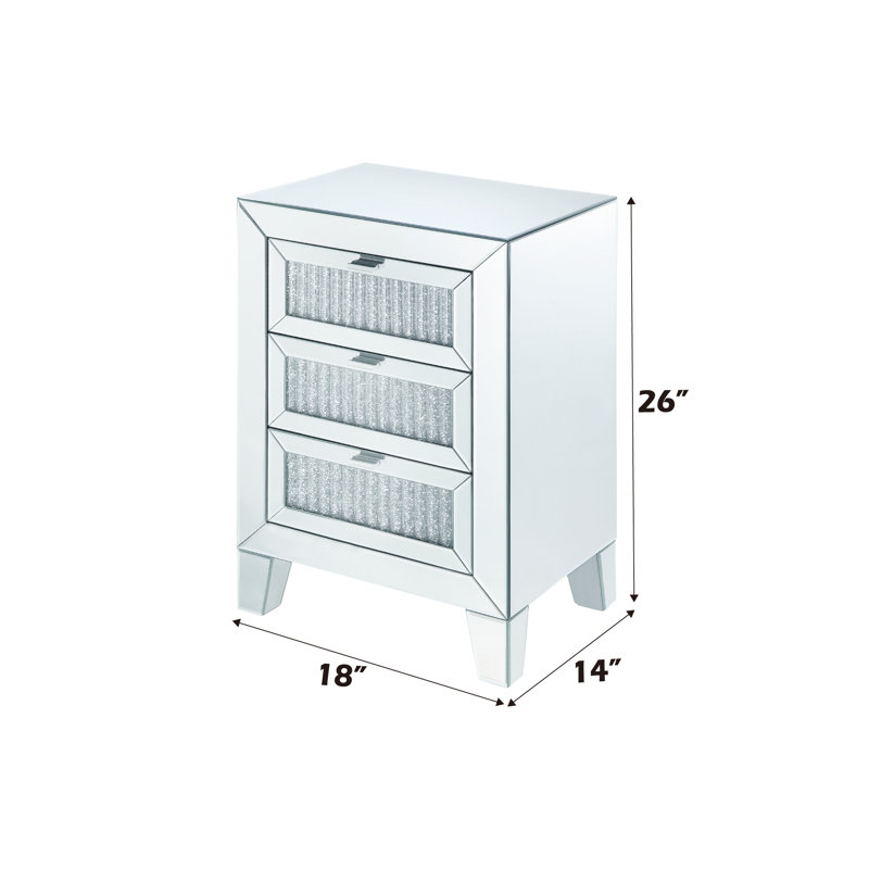 Noralie Mirrored Glass 3-Drawer Nightstand with Faux Diamond Inlay