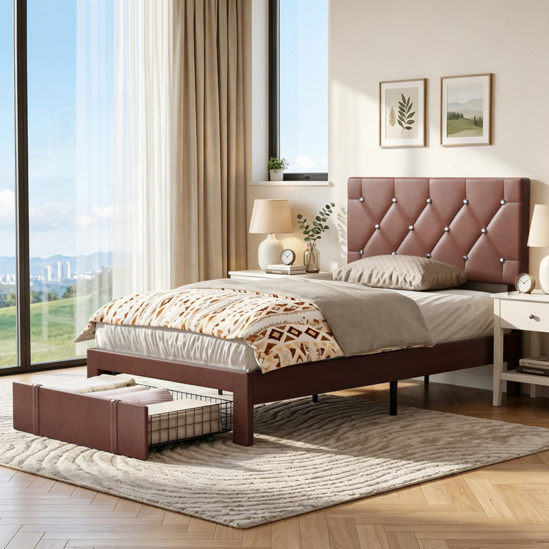 Structure de lit simple moderne en cuir synthétique avec tête de lit capitonnée réglable, Lit simple, Brun
