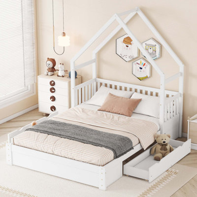 Wood Queen Size House Platform Bed With Guardrail And 2 Drawers