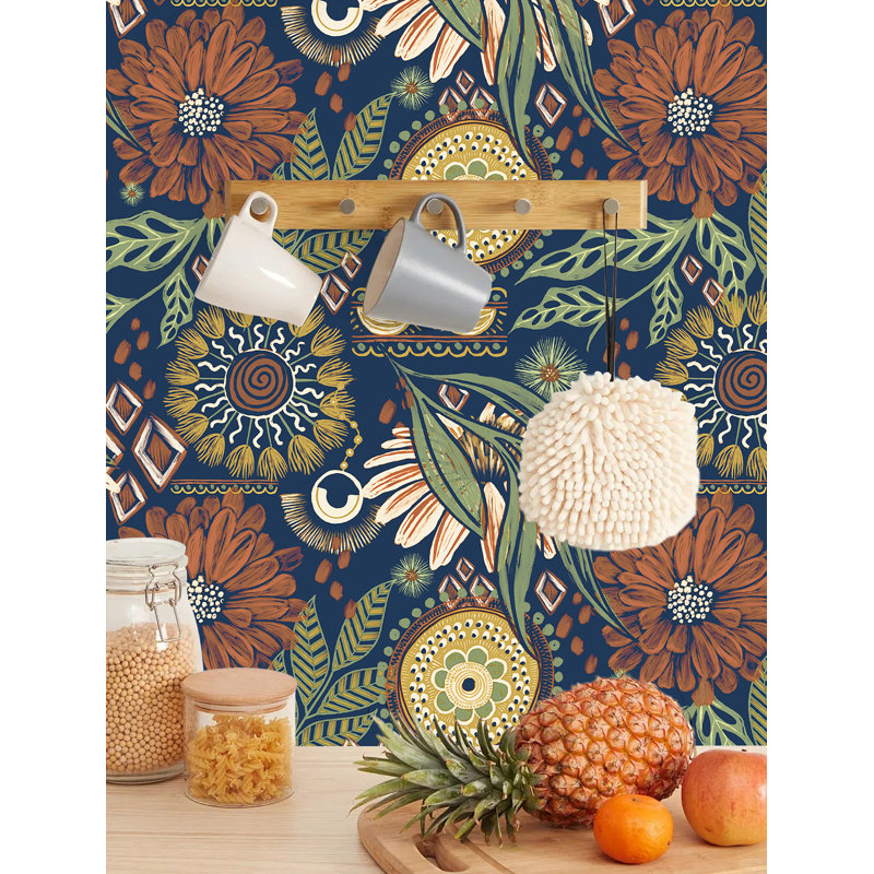 Peel and Stick Wallpaper Boho Retro Floral Wall Paper Navy Orange Oliva for Bedroom Kitchen Accent Wall 17.3in x 9.8ft
