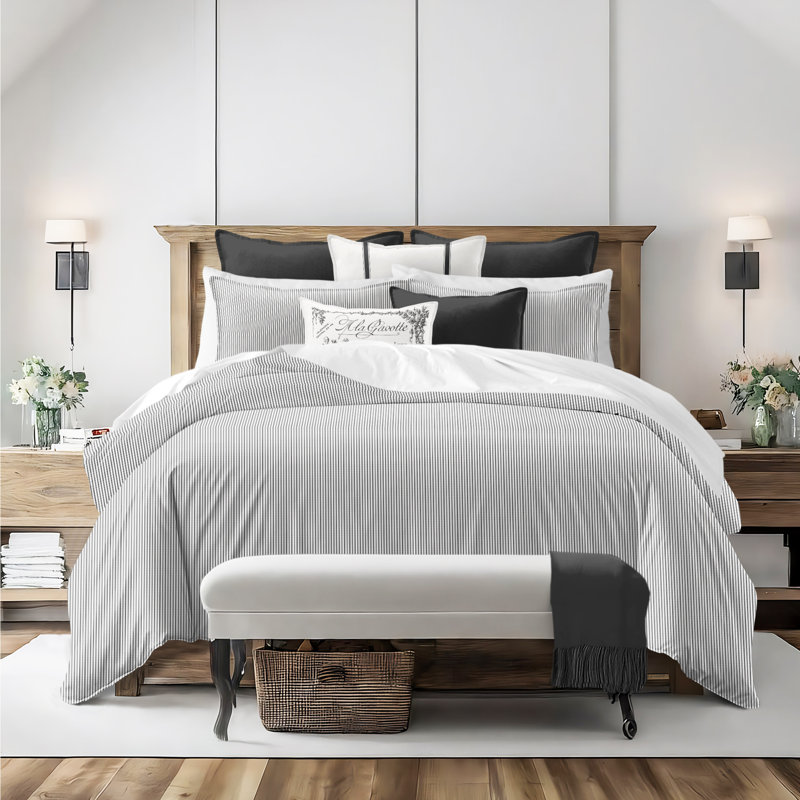 Jaxon Stripe Reversible Cotton Comforter Set, Cal.King Comforter + 2 King Shams, Ebony