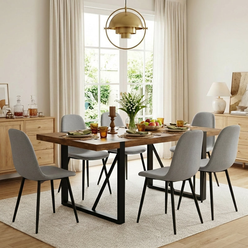 7-Piece Modern industrial Rectangular Wood Dining Set with Upholstered Chairs, 7 Pieces: Table, 6 Chairs, Light Gray