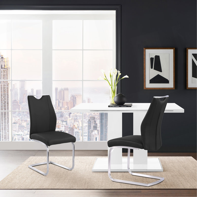 Chaise de salle à manger contemporaine en similicuir noir et finition en acier inoxydable brossé - ensemble de 2