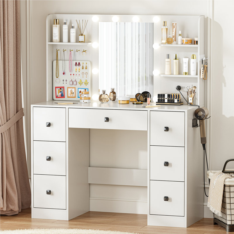 Makeup Vanity Desk With 10 Light 3 Lighting Modes Brightness And Mirror And Power Outlet