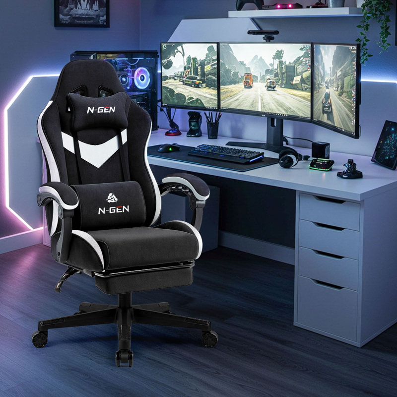 High-Back Adjustable Reclining Ergonomic Fabric PC & Racing Game Chair with footrest, Black