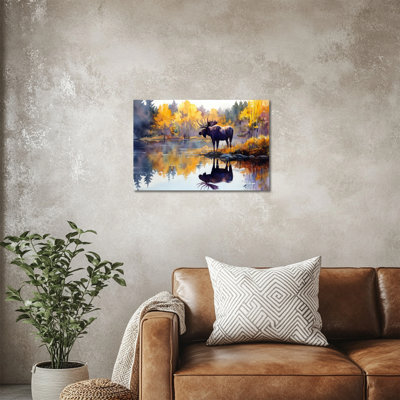 Moose Autumn Lake Canvas Wall Art, Wildlife Nature Scene Canvas Prints, Rustic Fall Deer Wall Art Poster Picture, Reflective Painting for Living Room Bedroom Office Decor, 12×16 Inches