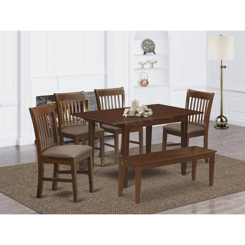 6 Piece Dining Room Set Contains a Rectangle Kitchen Table with Butterfly Leaf and 4 Linen Fabric Dining Chairs with a Bench, Mahogany