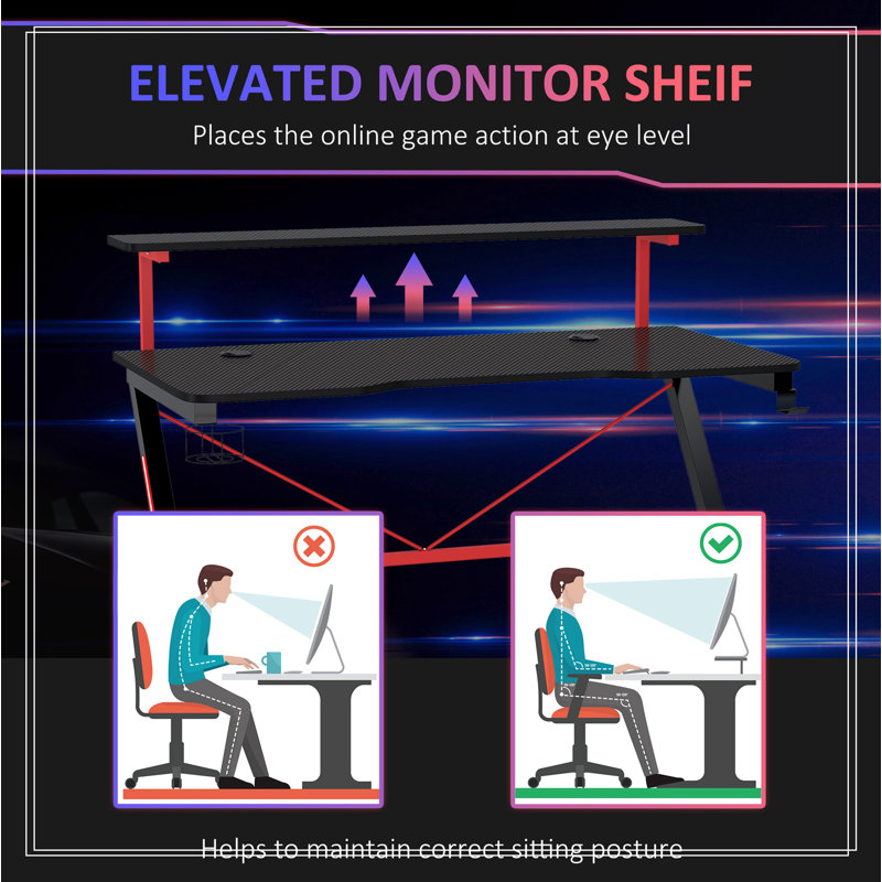 Gaming Desk Racing Computer Desk Workstation with Elevated Monitor Shelf Rotatable Cup Holder