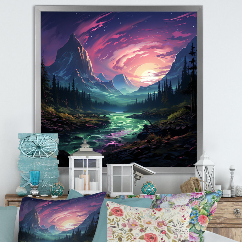 Rose, aurores boréales - Art mural montagnes d'hiver, H 16 po x l 16 po x P 1 po, Encadrement doré