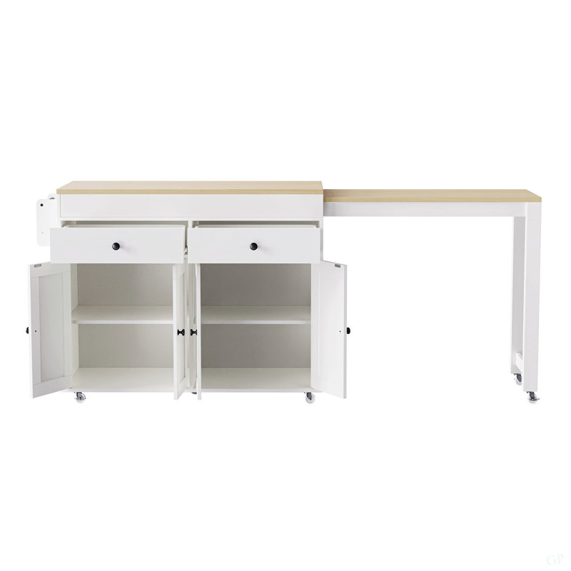 74.5 Inch Kitchen Island With Extendable Dining Table , Rolling Kitchen Island On Wheels With Spice Rack And 2 Drawers, 4 Door Cabinet, For Kitchen, Dining Room