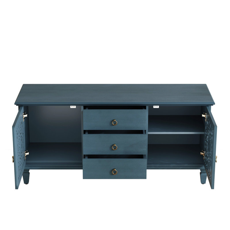 Meuble télé sculpté rétro pour téléviseurs jusqu'à 65 pouces, Bleu antique