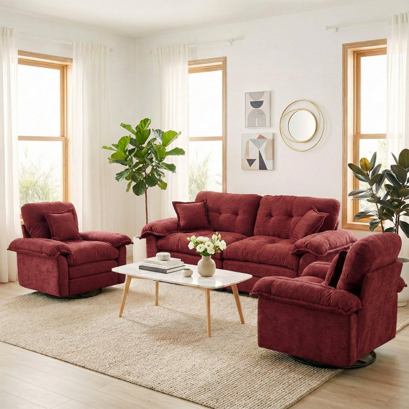 Ensemble de salon avec canapé 3 pièces Modern Chenille Cloud, Rouge
