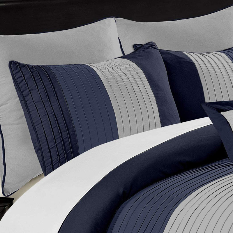 Loft 8-Piece Pleated Stripe Microfiber Comforter Set, Full Comforter + 2 Standard Shams, Navy