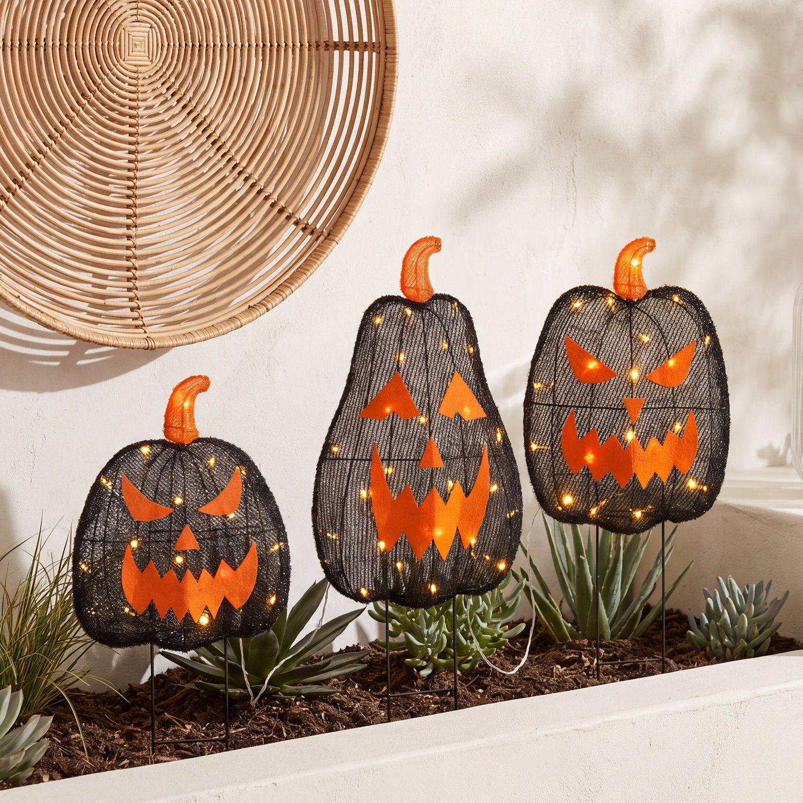 Pre-Lit Halloween Jack-O-Lantern Garden Stakes, 35" H x 12" W x 3" D, Black