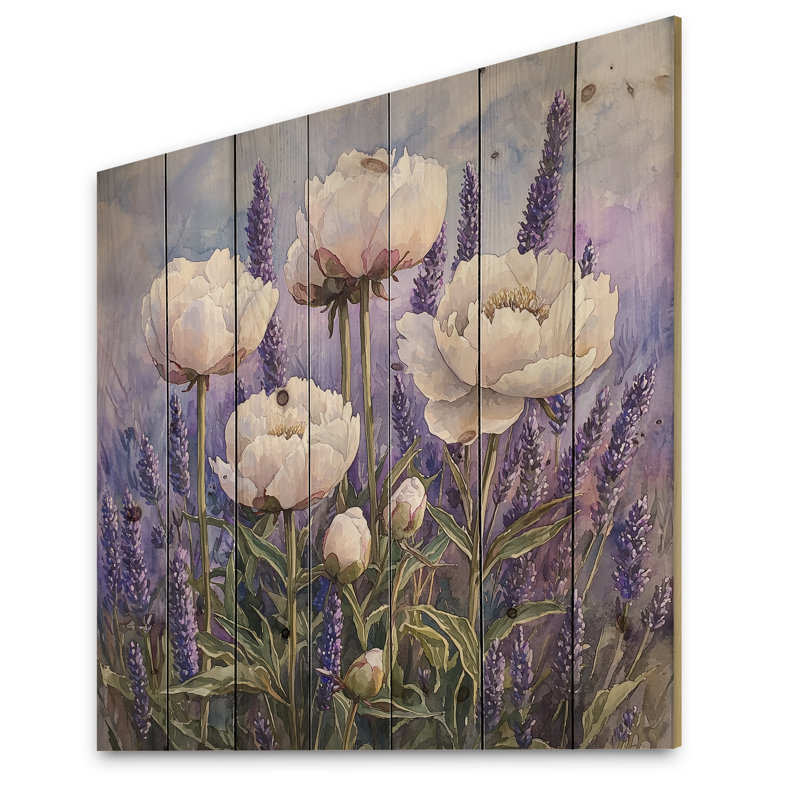 Peonies In The Lavender Field II - Peonies Wood Wall Decor - On Natural Pine Wood, 25" H x 25" W x 0.78" D