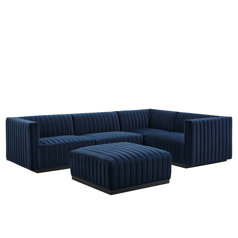 Canapé modulaire en velours 5 pièces Conjure Channel, Accoudoir à droite (vu de face), 100 % polyester bleu