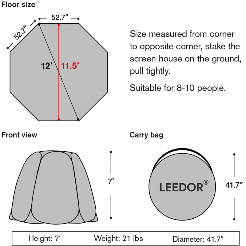 Leedor Screen House Room Pop Up Camping Tent Gazebo, 90" H x 144" W x 144" D
