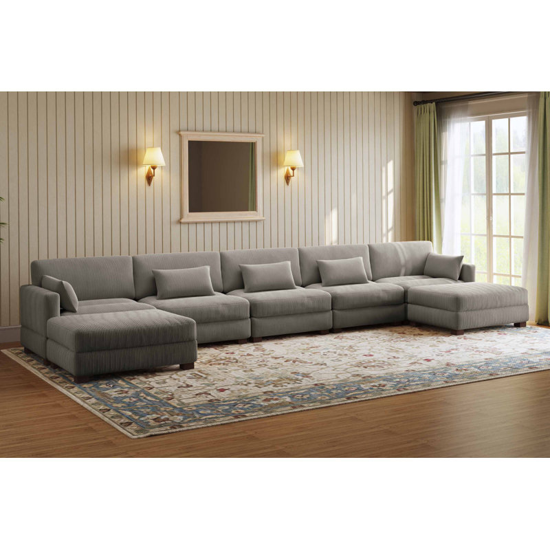 Maelina 7 - Piece Upholstered Light Gray Corduroy Modular Sofa Sectional with Pillow Back and Removable Ottoman
