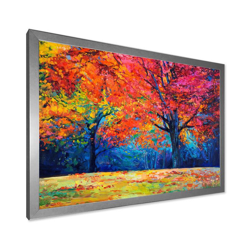 «Vibrant Red Tree in Autumn Landscape», peinture sur toile, H 30 po x l 40 po x 1,5 po, Cadre photo argenté