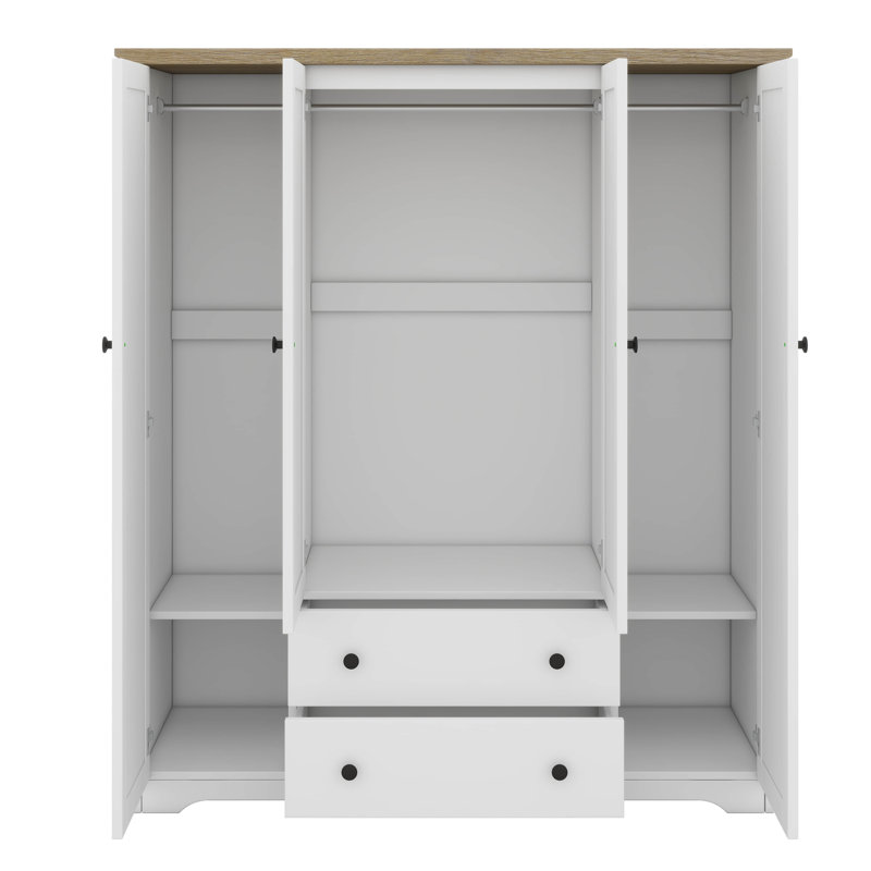 Armoire penderie 4 portes avec 2 tiroirs de rangement pour un grand espace de rangement, Blanc
