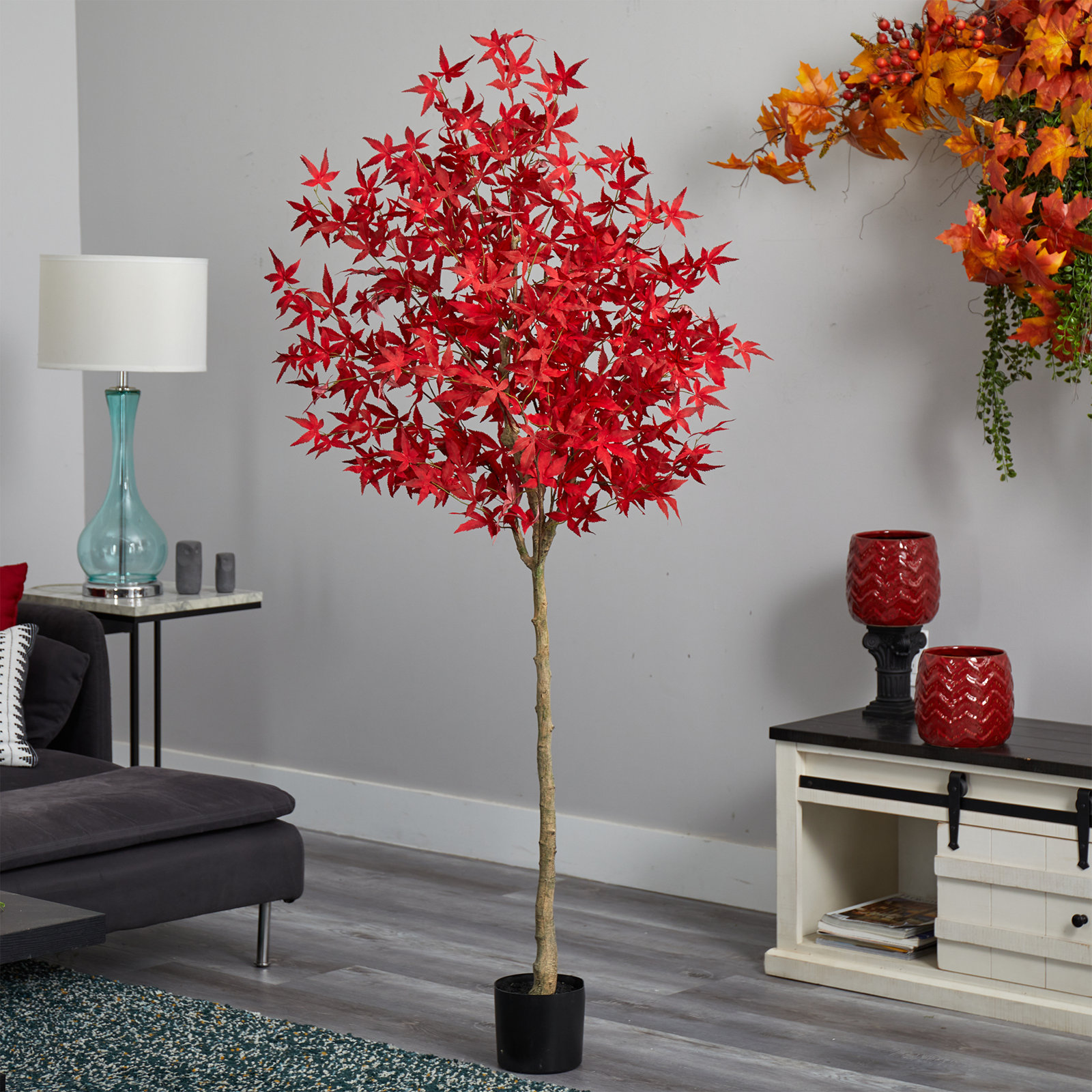 Faux Maple Tree in Freestanding, Orange, 72" H x 29" W x 20" D