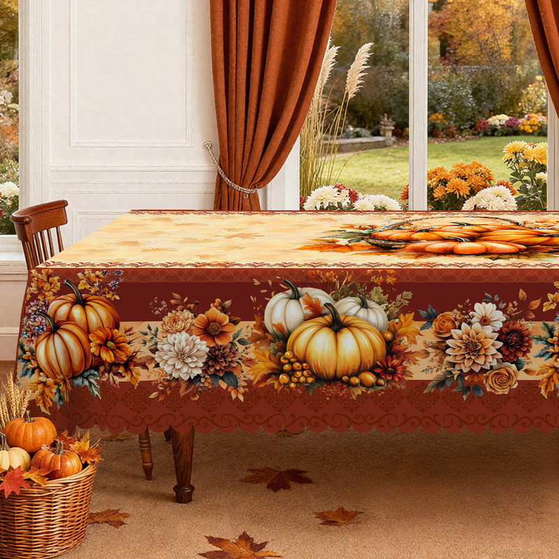 Golden Pumpkin Design Machine-Washable Polyester Tablecloth, 70.8" L x 55.12" W