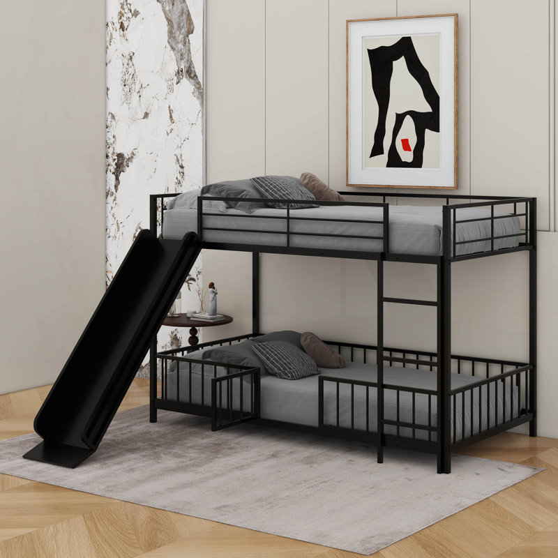  Lit superposé en métal avec glissière et garde-corps, Simple sur simple, Noir