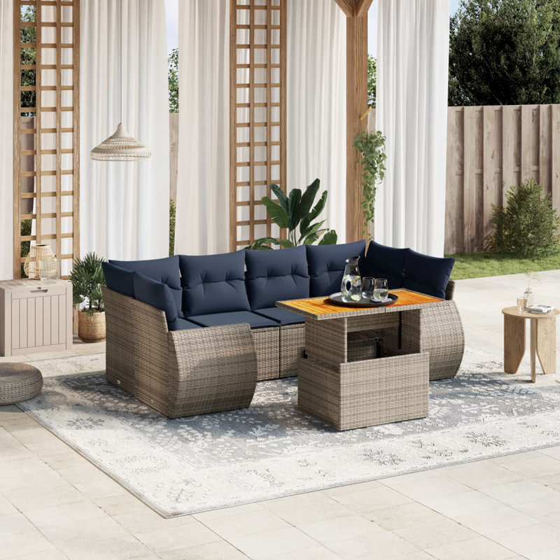  Ensemble de canapé de patio 7 pièces avec coussins en rotin de polyester, Gris, Bleu