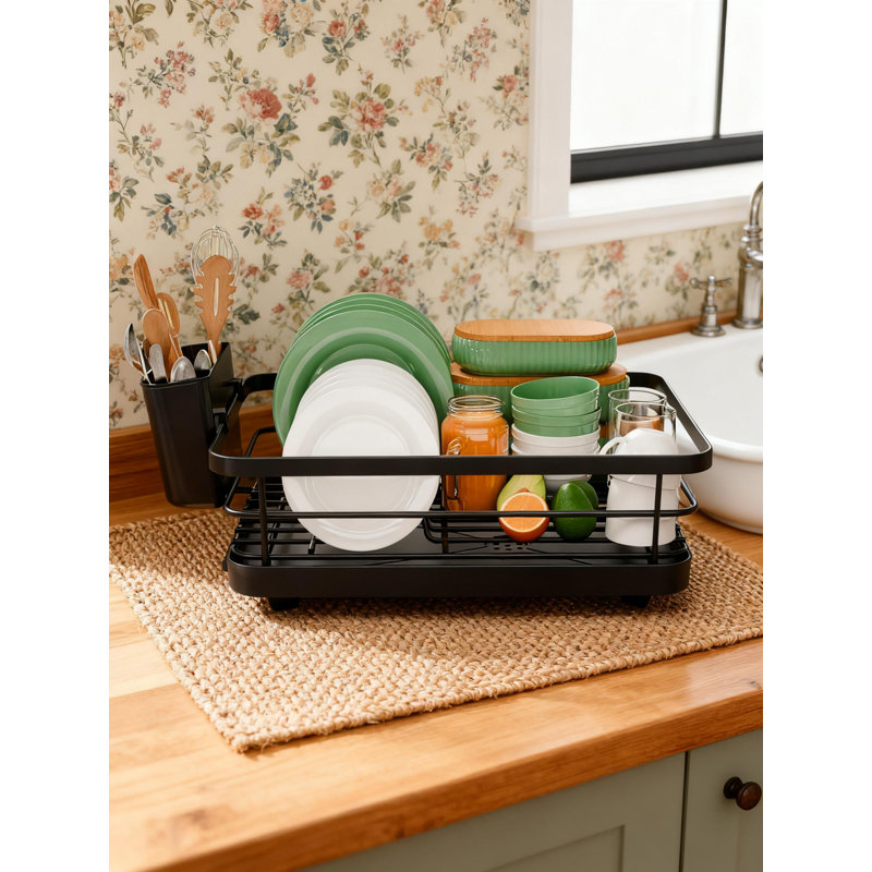 Compact Dish Drying Rack With Utensil Holder, Adjustable Drain Spout, Rust-Proof Space-Saving Kitchen Counter Organizer
