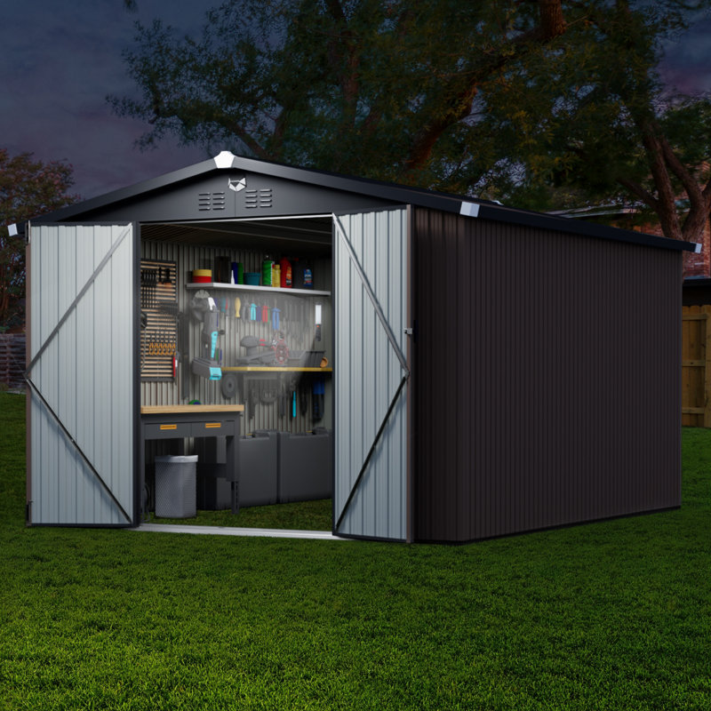 10 Ft. W x 12 Ft. D Galvanized Steel Frame Metal Storage Shed with Dual Lighting (Solar & Handheld) - Brown, Brown