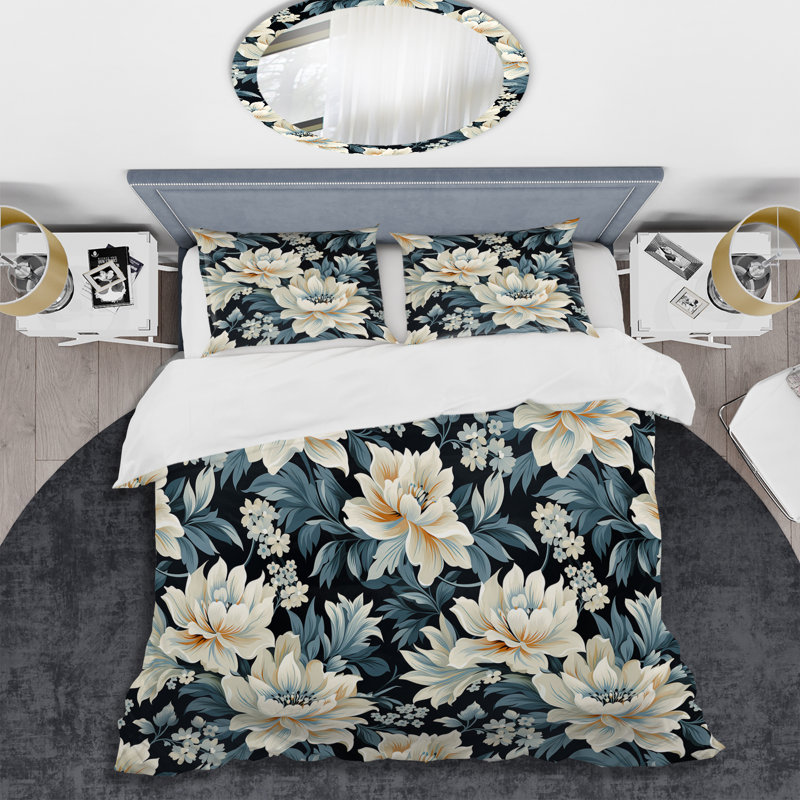 Ensemble de housse de couette Blue And White Peonies Damask Flowers II - Floral