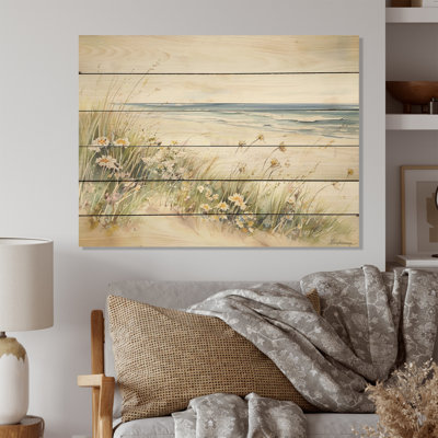 Fleurs sauvages sur la plage - Art mural en bois sur bois de pin naturel