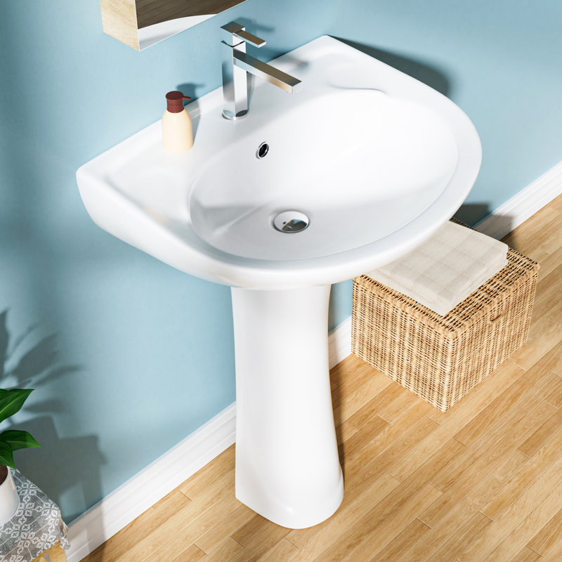 Lavabo sur pied en porcelaine vitrifiée en forme de U l 21 po x P 19 po, 1 trou de robinet et trop-plein, blanc, Blanc