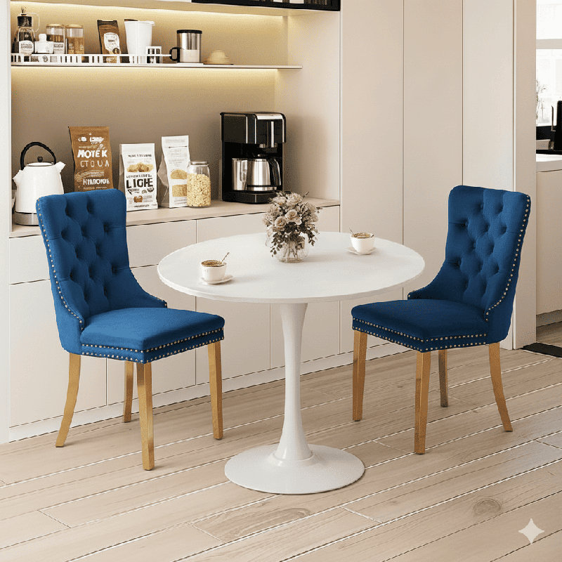 Ensemble de table de salle à manger rond avec 2 chaises, Blanc, Bleu / doré