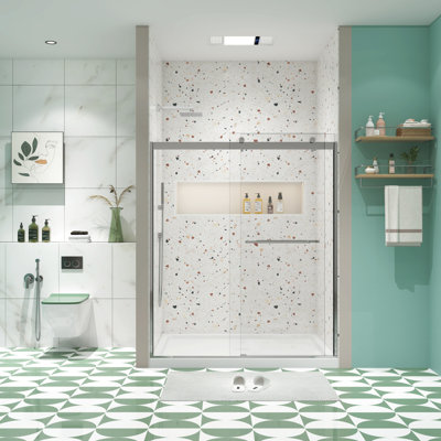 Double Sliding Bypass Shower Door In Brushed Nickel Finish, 5/16" Tempered Glass, Top Track, #304 Stainless Steel Hardware, 36000 Times Open - Close Test, Nano Easy Clean Treatment, Explode Film,