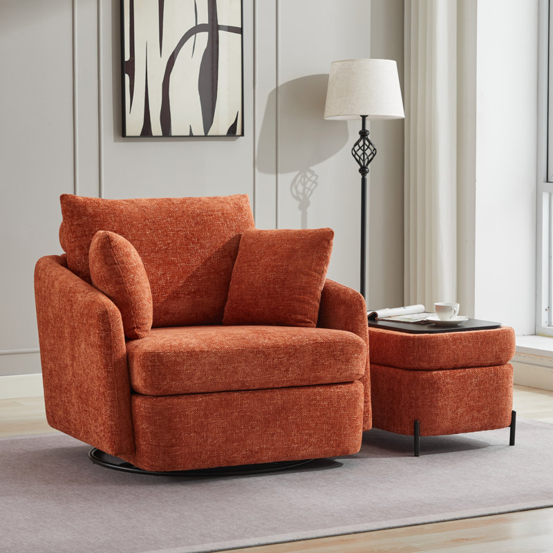 40.6'' Wide Swivel Barrel Chair and Storage Ottoman, Orange Polyester