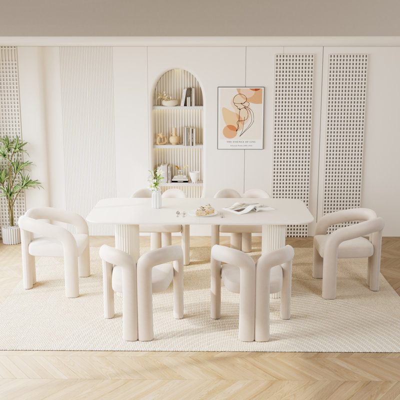 Ensemble de table de salle à manger moderne à double piédestal, Beige, 7