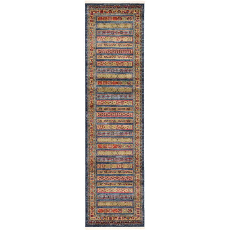 Tapis à motif géométrique Jaeden, Tapis de couloir 2 pi x 6 pi 1 po, Bleu