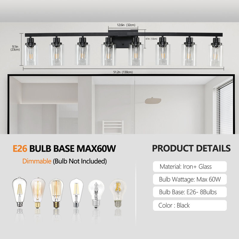 Éclairage pour meuble-lavabo de salle de bain, abat-jour en verre transparent, 8 lumières, sans ampoules, noir, Noir mat