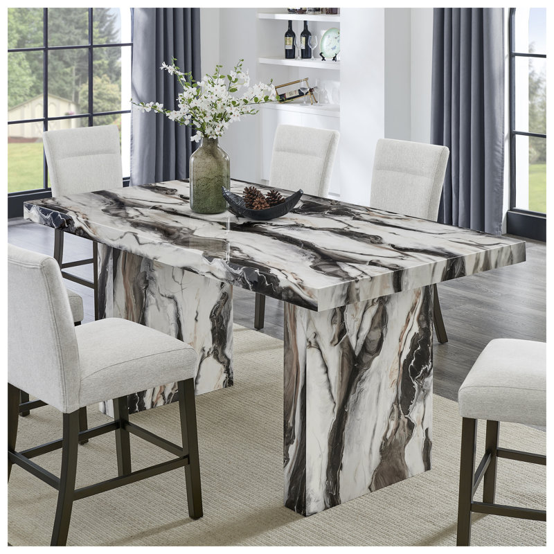 Ensemble de salle à manger à hauteur de comptoir 5 pièces Cavira avec table en faux marbre et chaises rembourrées, gris