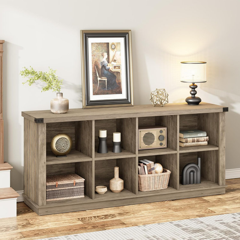 8 Cube Storage Organizer Bookshelf, 3 Tier Farmhouse Horizontal Bookcase, 62 Inch Wood Storage Bookcase for Entryway, Long Low Bookshelves for Living Room