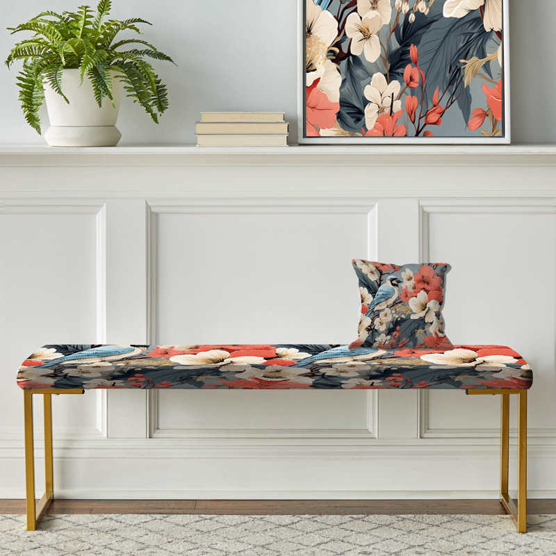 Hibiscus exotique mauve floral - banc rembourré floral doré, Grey And Coral Bird On Floral Brand