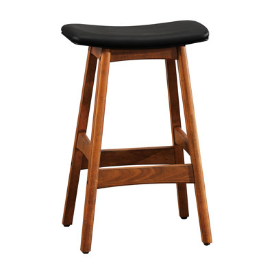 2 tabourets à hauteur de comptoir en bois massif au fini noyer, de style Mid-Century moderne avec siège en similicuir noir pour la cuisine et la salle à manger 2