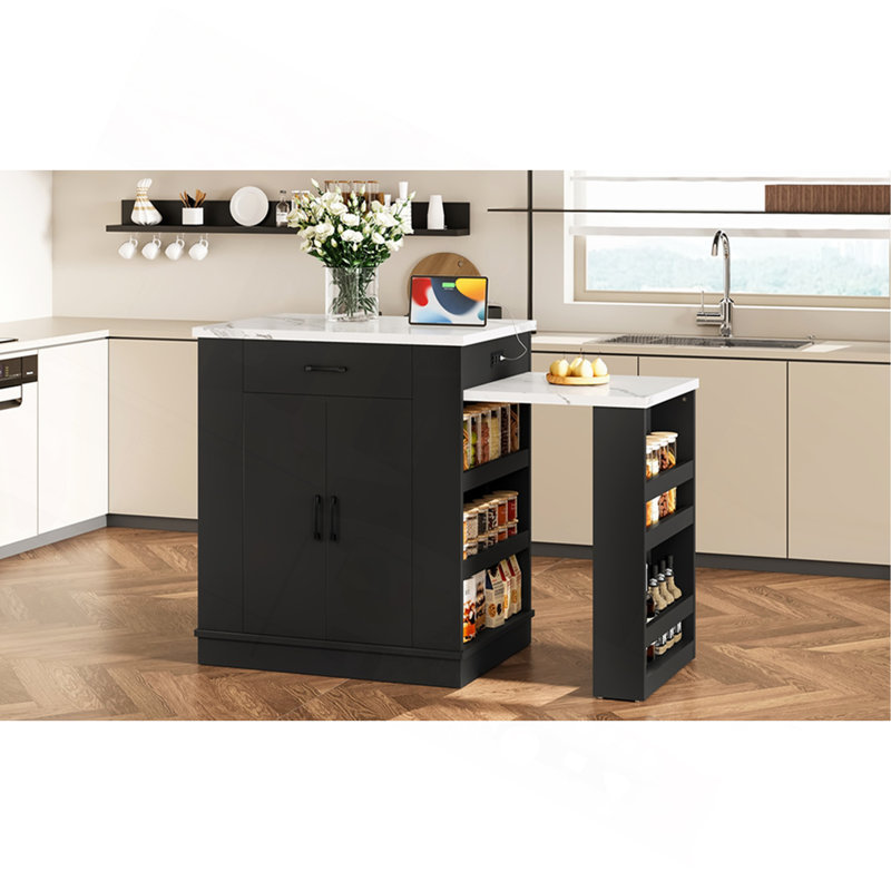 Console d'îlot extensible avec tiroirs, armoire à deux portes et tablettes ouvertes. Sert de table de salle à manger, de bar pour le petit-déjeuner temporaire et de salon de thé l'après-midi