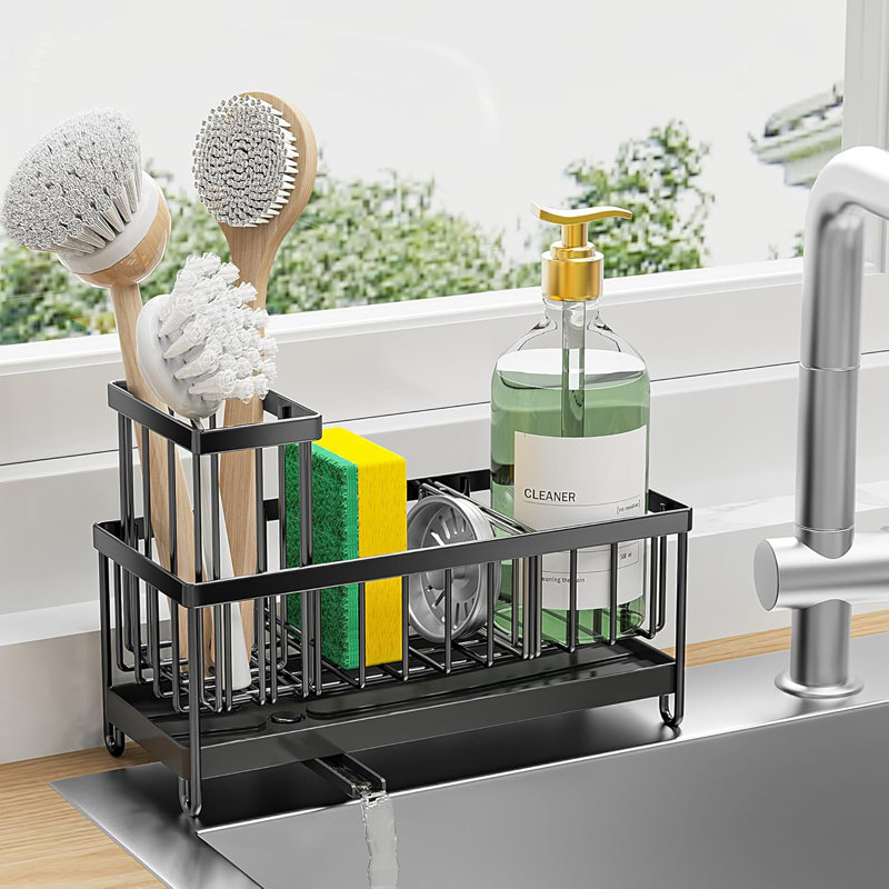 Porte-éponge pour évier de cuisine, organisateur de chariot d'évier avec porte-brosse haute, organisateurs de comptoir de cuisine et essentiels de rangement, distributeur de savon