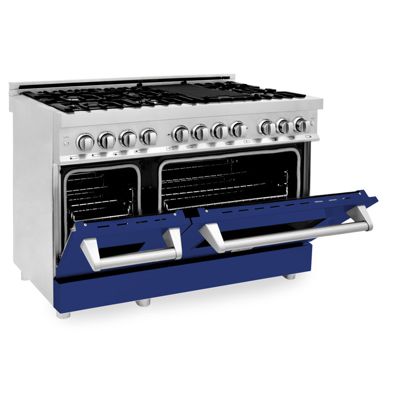 ZLINE 48" Legacy Dual Fuel Range w/ 7 Burner Gas Cooktop and 2 Electric Ovens, Blue Gloss Stainless Steel