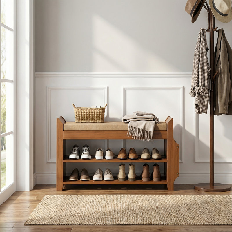 Banc de rangement en bambou rouge / brun pour 6 paires de chaussures avec rangement caché