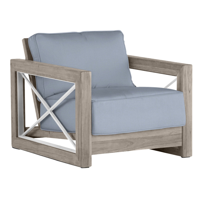 Malta Teak Outdoor Lounge Chair, Oyster Teak/Brushed Stainless, No welt + Standard fill, Arbor Chambray Dove Sunbrella®