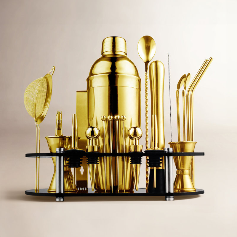 Suranne 25 Piece Stainless Steel Cocktail Shaker Bar Tool Set With Stand, Gold