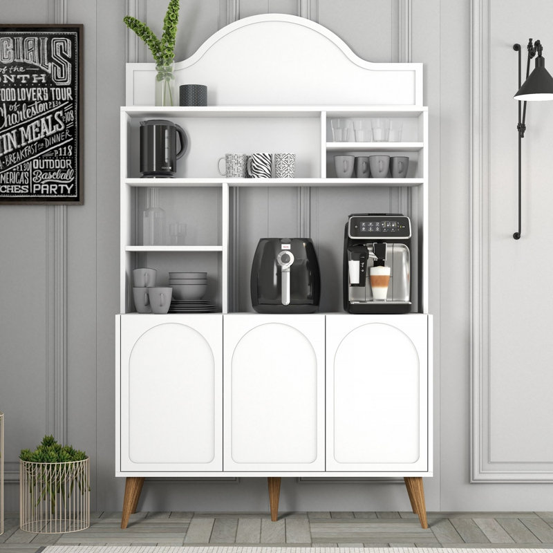 Bar à café moderne, blanc et noyer, 47,2 x 79,5 x 13,8 pouces | 100% panneau de particules enduit de mélamine, épaisseur: 0,7 pouce | Plusieurs tablettes pour le rangement, design élégant pour la cuisine et la salle à manger